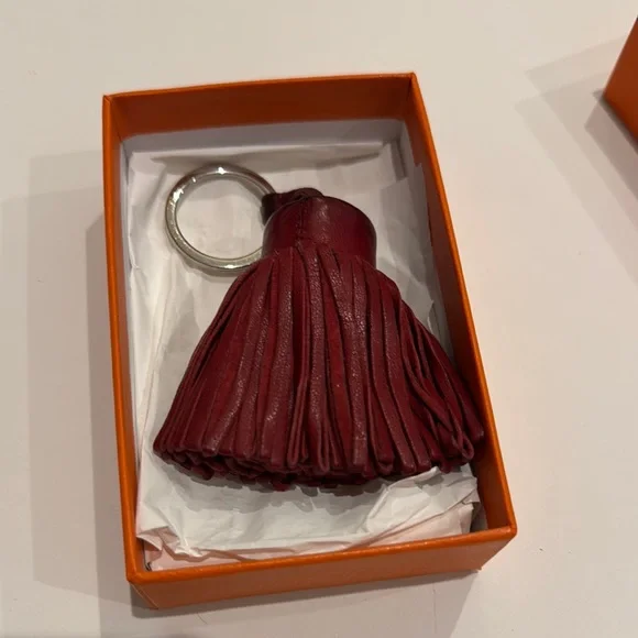 Hermes Pre Own Carmen Silver Key Ring Leather Burgundy Tassel with Box